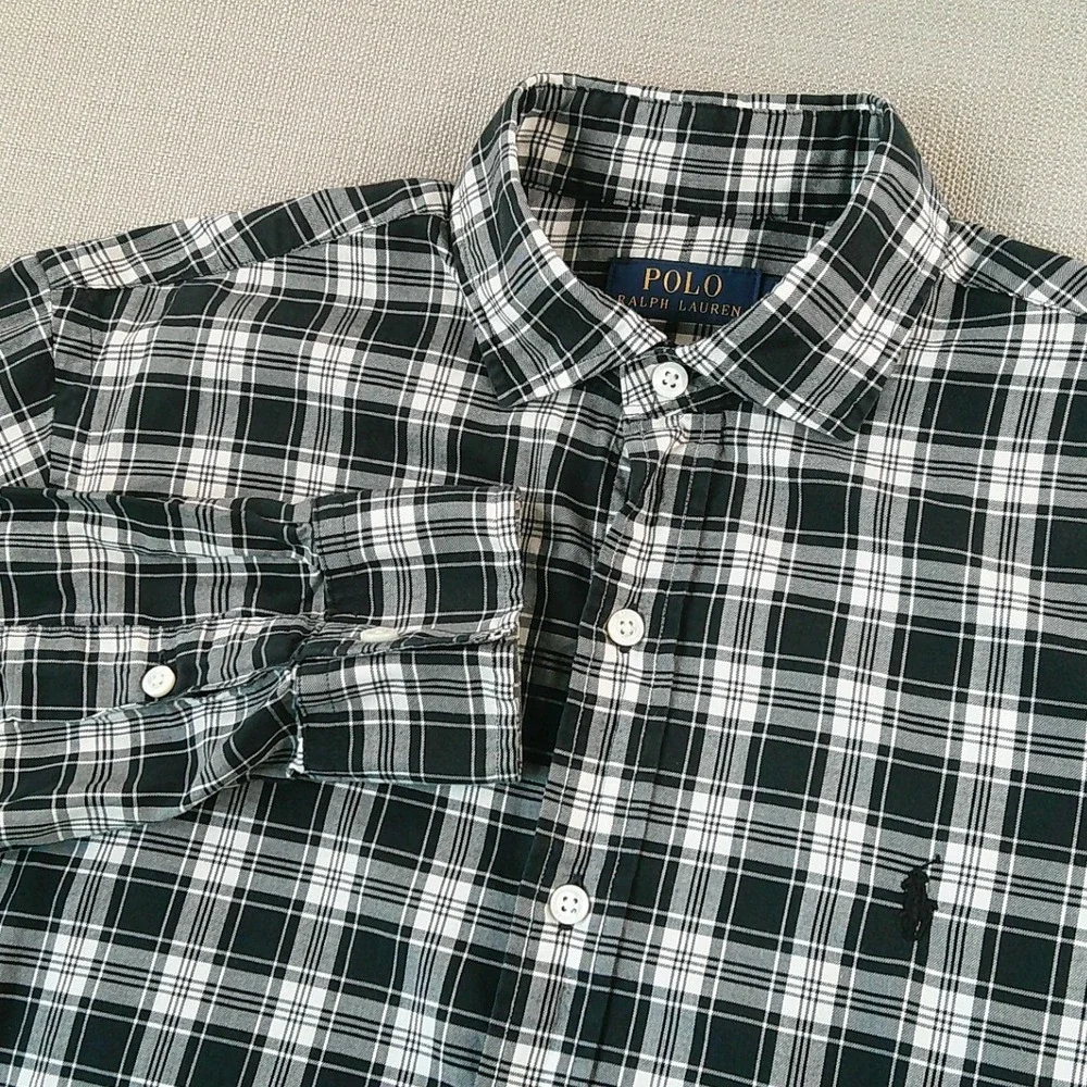 Polo Ralph Lauren Button Down Shirt Mens Medium Black White Plaid Long Sleeve